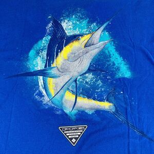 Columbia PFG Mens XL Blue Marlin Fishing Graphic T Shirt Short Sleeve Cotton